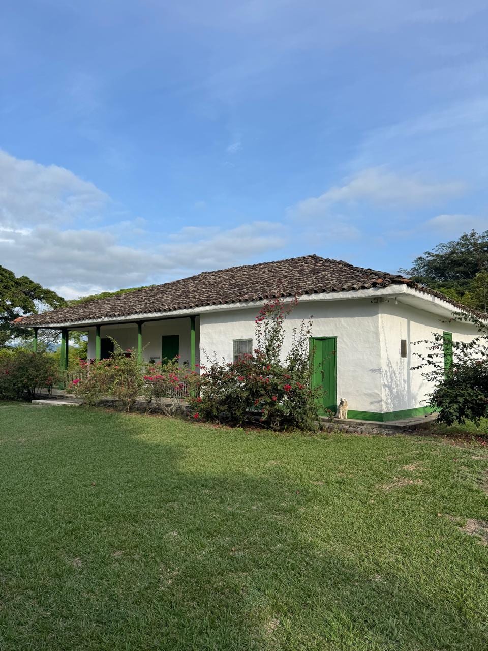 The farmhouse porch with green columns and flowering gardens
